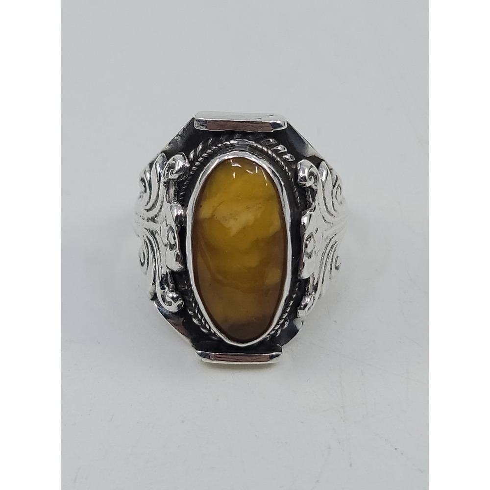 Vintage Sterling Silver Egg Yolk Butterscotch Amber Ring Size‎ 9 Estate
